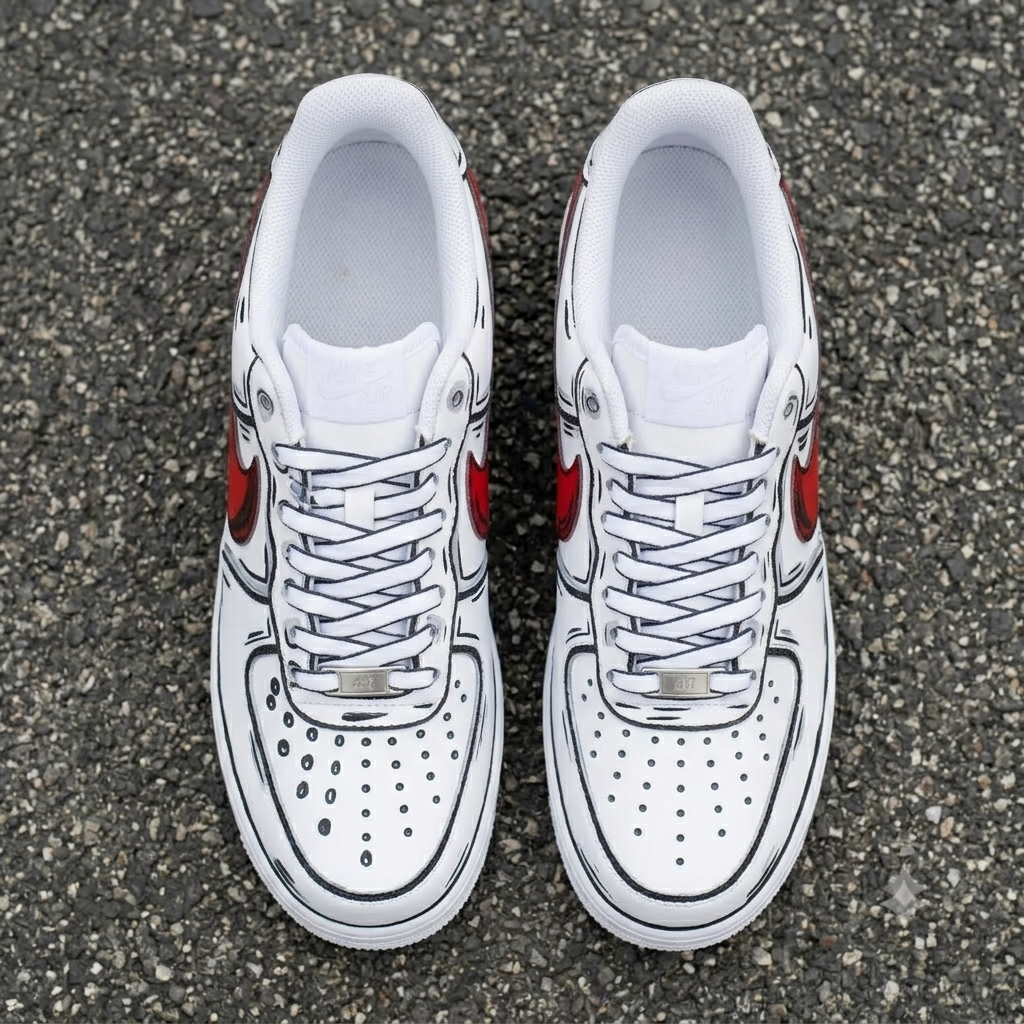 Red Comic Sketch Custom Sneakers – Hand Painted Low Top Streetwear Shoes