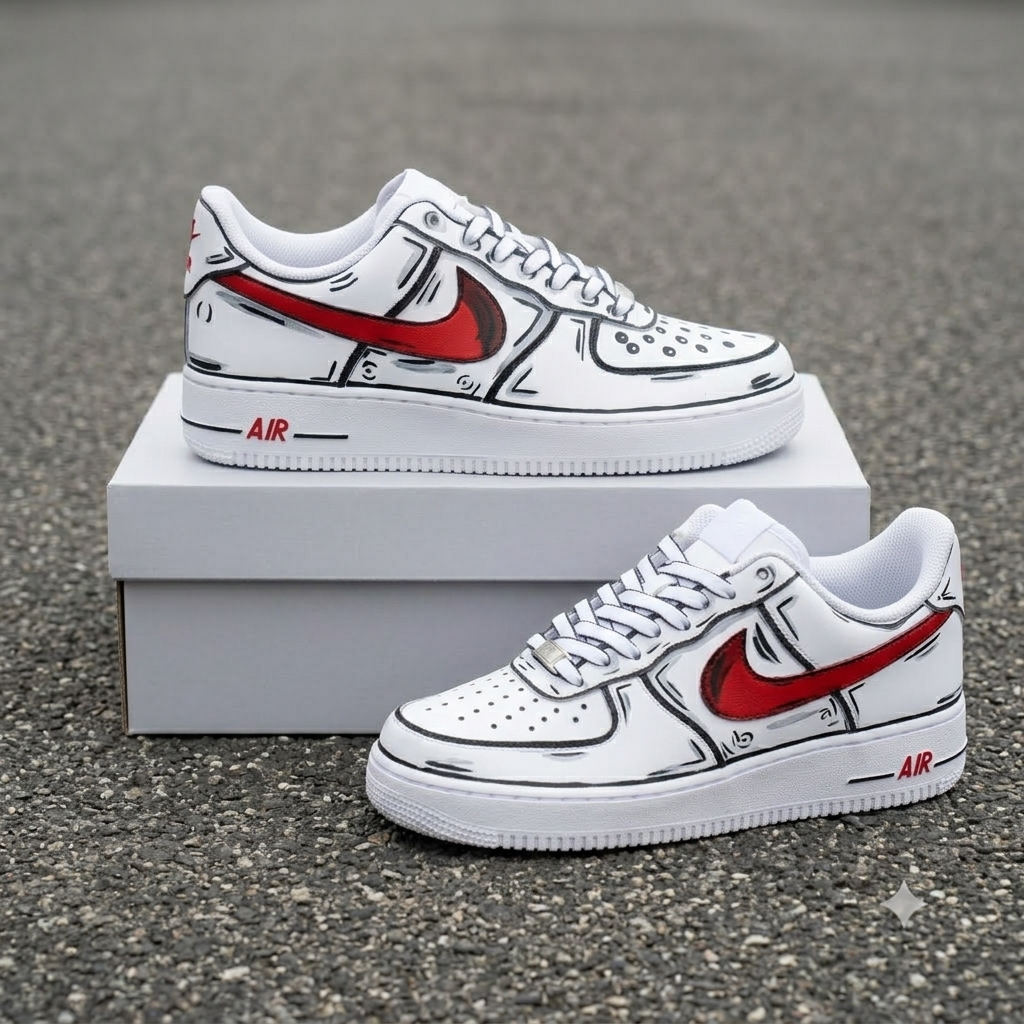 Red Comic Sketch Custom Sneakers – Hand Painted Low Top Streetwear Shoes