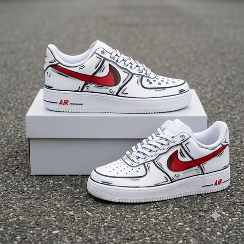 Red Comic Sketch Custom Sneakers – Hand Painted Low Top Streetwear Shoes